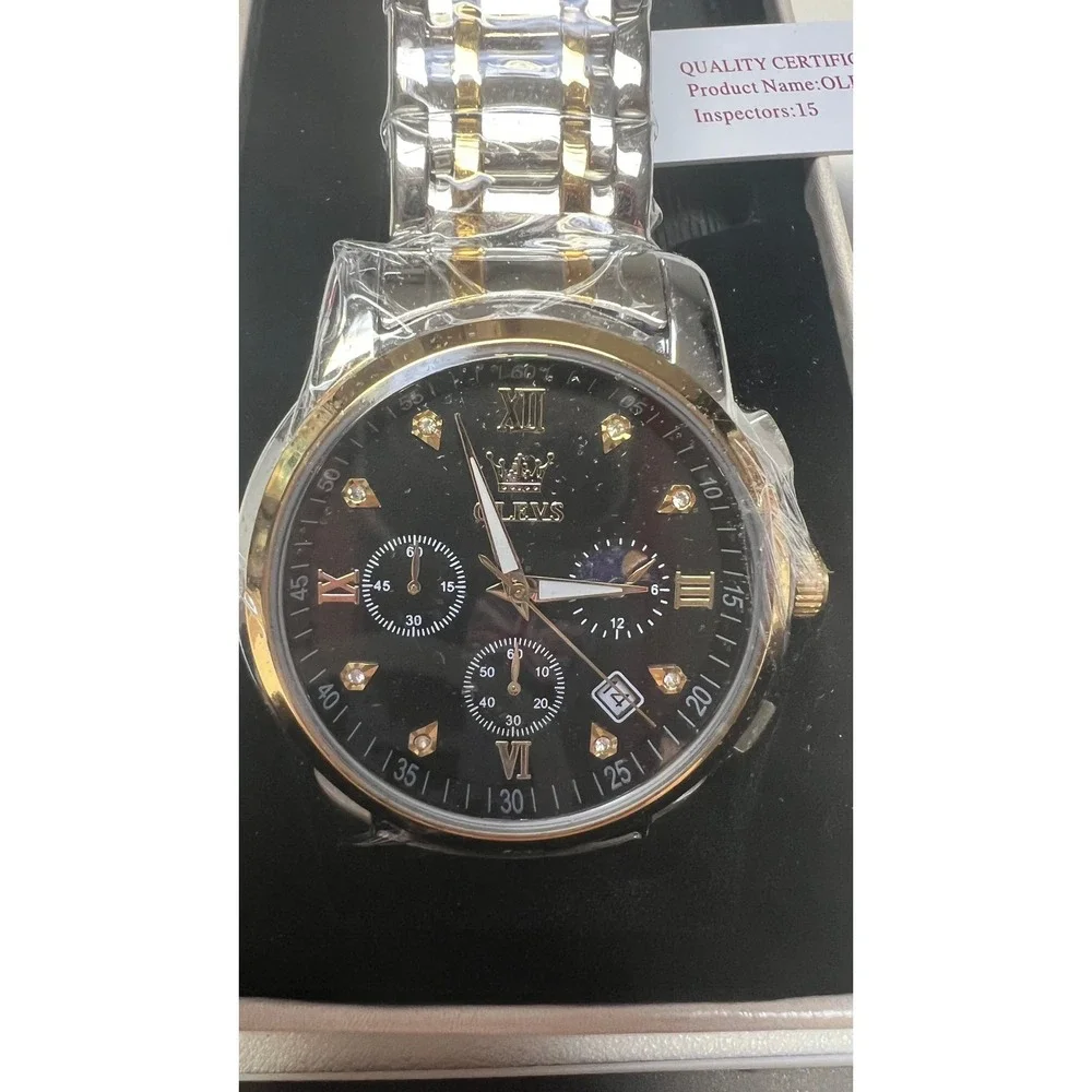 OLEVS Chronograph Watch Two Tone Silver Gold Black Dial Luxury 2858G New